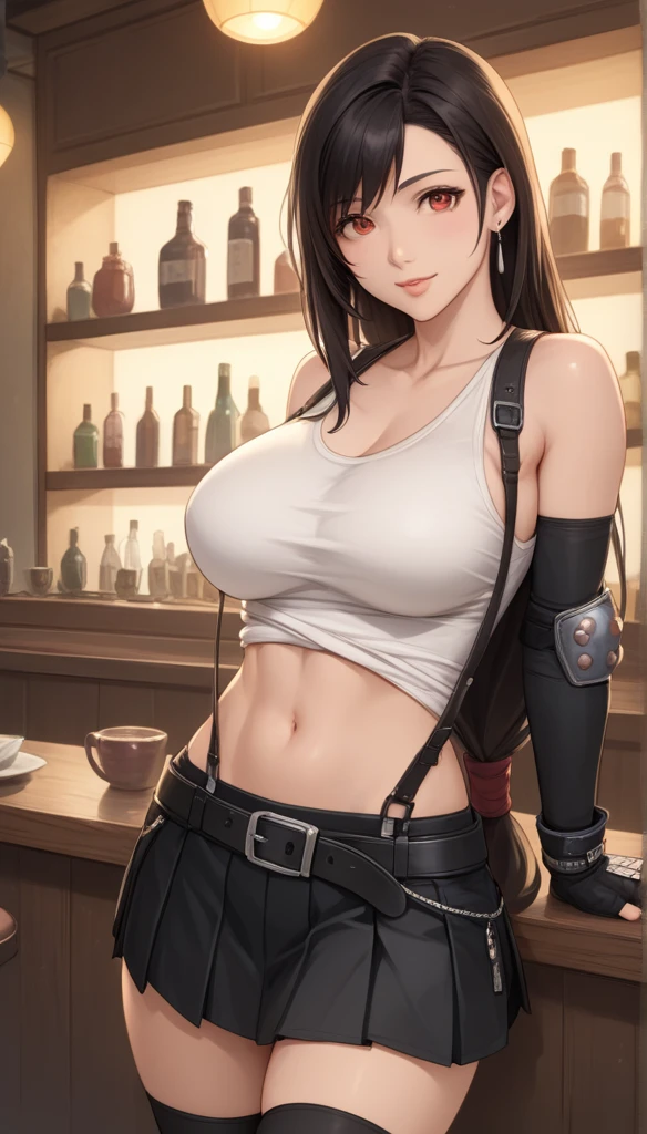 Izayoi Seishin artstyle, (score_9, score_8_up, score_7_up), (best quality, masterpiece),perfect anatomy,(aesthetic,very aesthetic),official style, (ultra-high resolution), 1girl, tifa lockhart, final fantasy,(beautiful woman).tareme, black hair, low-tied long hair, red eyes, bangs, white tank top,gap, belt, pleated skirt, thighhighs, elbow fingerless gloves, elbow pads, midriff, navel,suspender skirt.zettai ryouiki ,(front view),straight-on,(large_breasts:1.2),Solo,mediumshot,looking_at_viewer,contrapposto, vibrant, joyful,cafe and bar, ,Framin,(,tanktop lift),