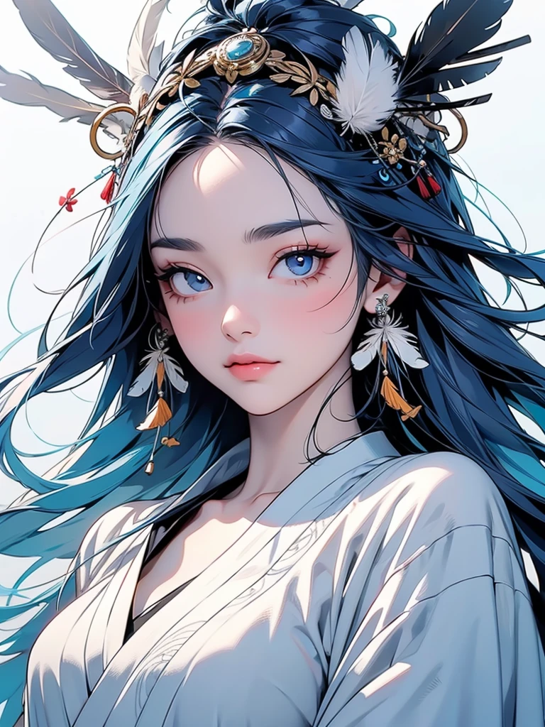 Mulher com long blue hair and blue marinho, Fesa Vimeha Na Testa, There are two red scratches on the cheek, dresses and skirts,There are red horns on the head, There are three feathers on the straight ears,There is a big lock of hair on the left,There is a small lock of hair on the right.Beautiful breasts、Huge breasts:1.4Beautiful breasts、Huge breasts:1.4