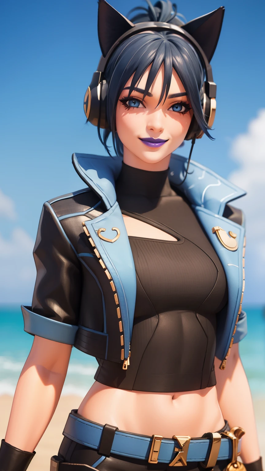 Beach background, Realistic, HeroicHopeFN, 1girl,blue hair,blue eyes, eyeshadow,upper body,(speed lines:1.1),medium breasts, love, heart, gold hearts, black jacket, jacket crop top, cat ears headphones, fake cat ears,black crop top, semi crop top, black pants, blue belt, gloves, short sleeve, holster, holster spray cans, navel, purple lips, lipsticks, happy, looking at viewer, facing viewer, winked at the veiwer, smile