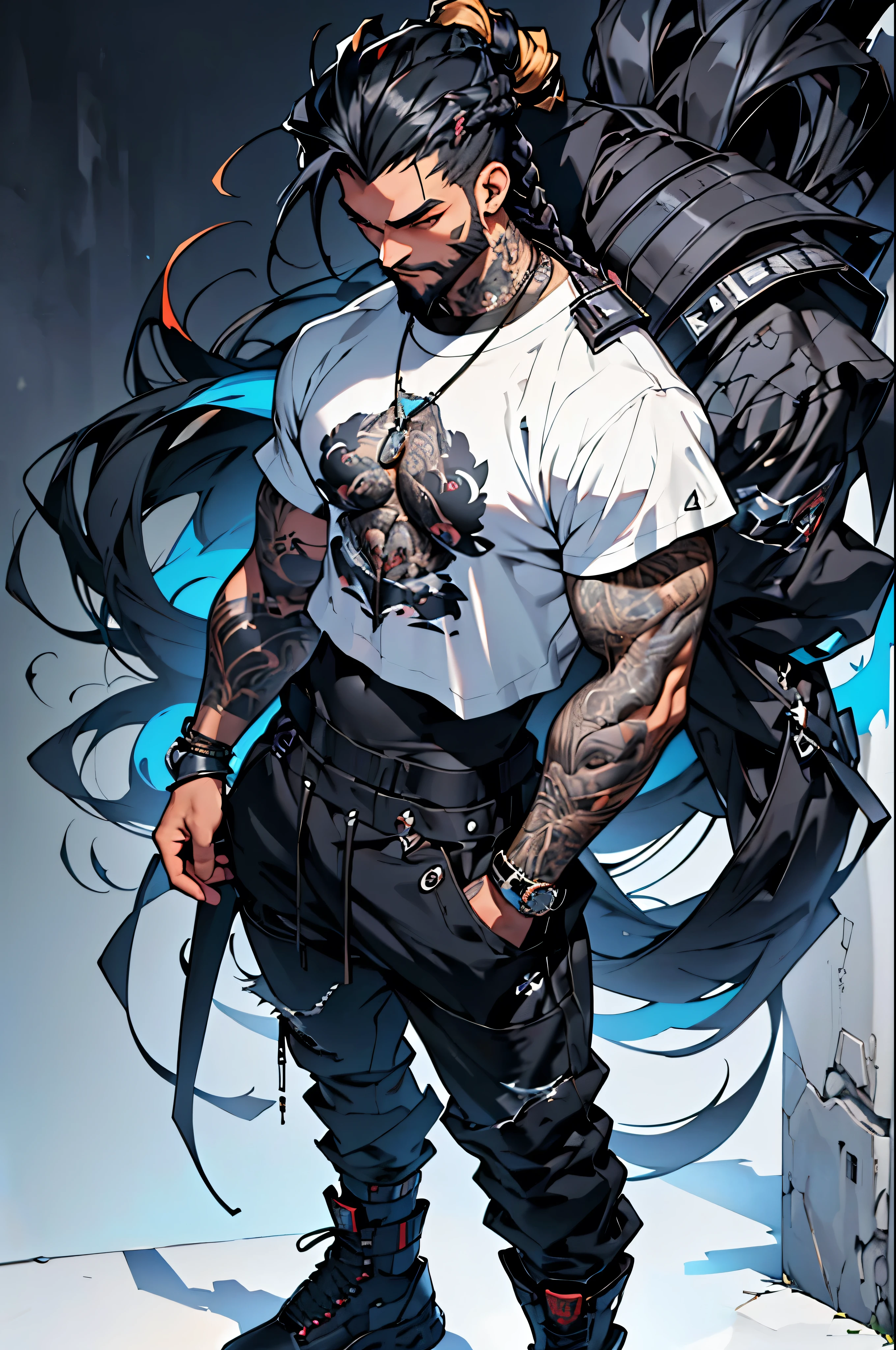 thin man, perfectly trimmed beard, long hair in ninja braided hairstyle , black hair color at the roots. with tattoos on both shoulders, chest and right leg, Urban style beach clothing in white and a black one on top of the white one, black ecko denim pants, cream-colored timberland boots, 1.65 height. (rapper) (urbano style) (animated) ((style anime)) graffiti spirit secret art death painting 30% of futuristic cyborg, human ft futuristic robot, hero soldier, futuristic rapper ninja man.(((HD, 4k, real))) (8K) Ultra defined. mystical magic (full body)full body skinny spirit of fire. what blue, standing upright body standing.
