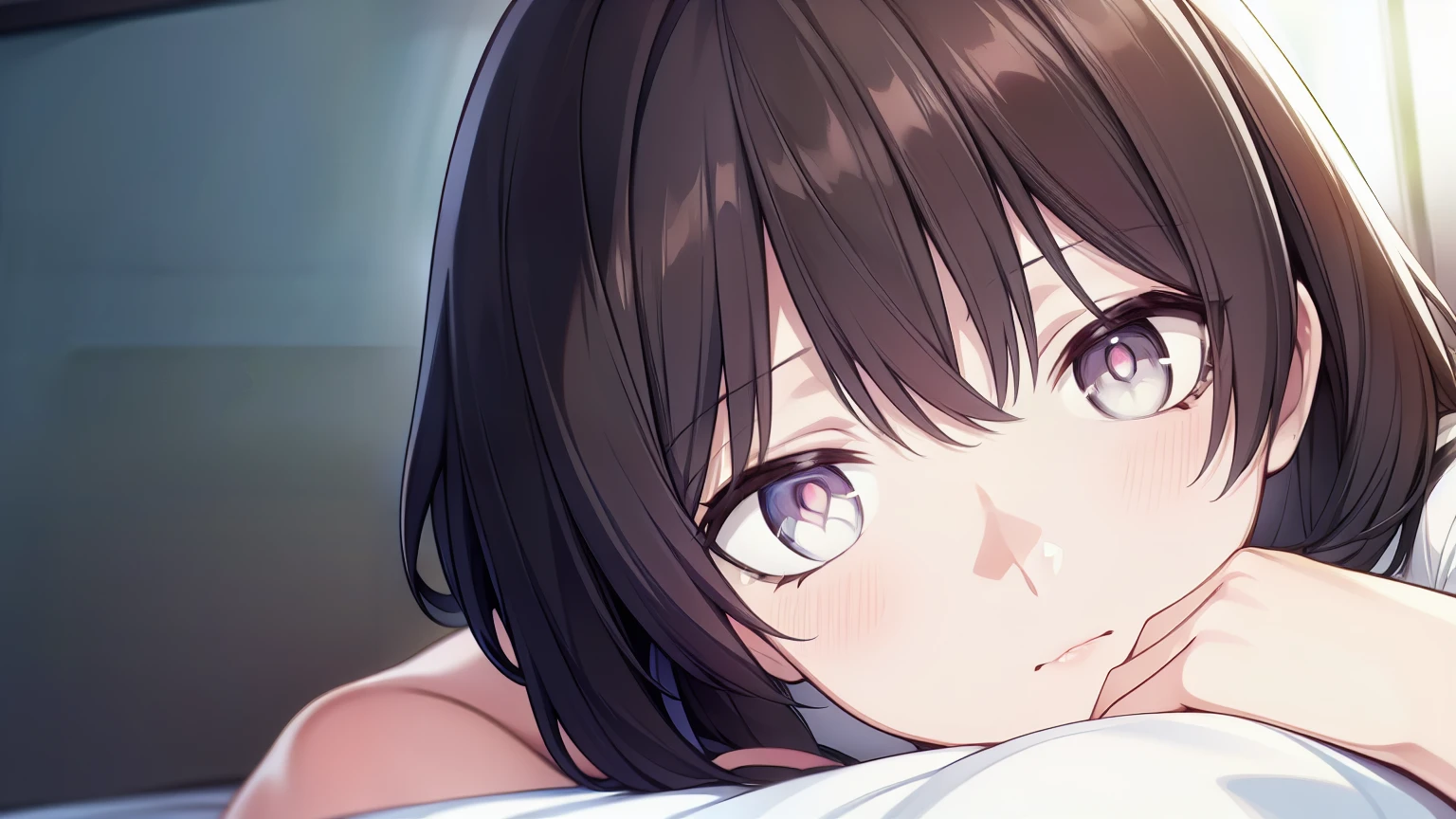 1female, akiyama_mina, dark black hair, magenta eye color, droopy eyes, a mole below the right eye, medium breast, mature, laying on bed, sensual, desire, horny, sexy thighs, BREAK formal attire, BREAK looking away, from above, BREAK bedroom, BREAK (masterpiece:1.2), best quality, high resolution, unity 8k wallpaper, (illustration:0.8), (beautiful detailed eyes:1.6), extremely detailed face, perfect lighting, extremely detailed CG, (perfect hands, perfect anatomy),