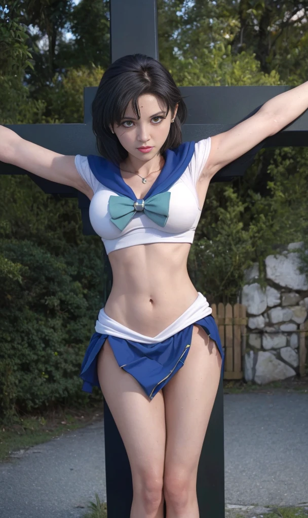 highest quality，masterpiece，Ultra-high resolution, Very detailed, 8k，(Beautiful woman)，A Beautiful Woman，((Crucifixion))，(cross)，(execution)，((incontinence))，Scared，torture，slave，((Woman in crucifixion at the cross：1.5)),crucifixion刑，(Sailor Mercury), (Sailor Mercuryのコスチューム, skirt, Big Breasts)