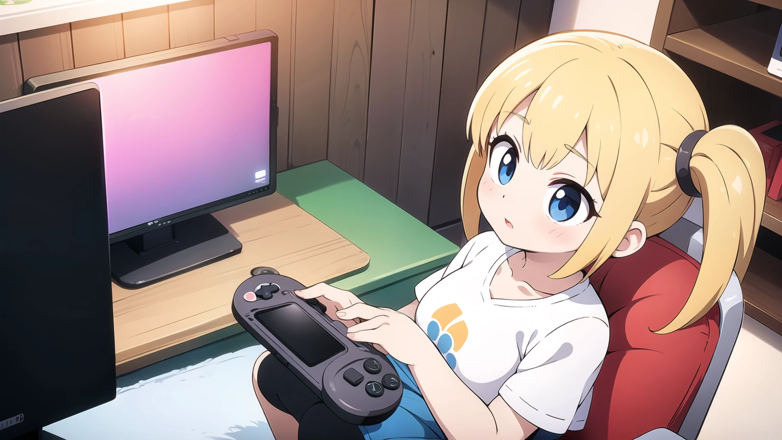 ((masterpiece, high quality, max detailed, 4k)), (1girl with headphone), (japanese school uniform, without socks), (shoeless), vivid color Lingerie, (eyes detailed), ((oiled body)) , (big breasts), red blush、Kamimei、Staring at this、Light sweat、Cute anime illustration, perfect body, (bokeh effect in background), ((playing video game)), (full body)