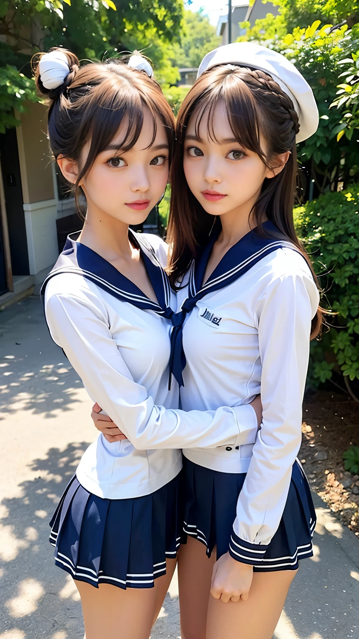 Two girls on the beach,White sailor shirt and red tie,Navy blue compression shorts,18-year-old,bangs,A small smile,Thighs,knees, Short hair and low pigtails with barrettes,From below,Front light