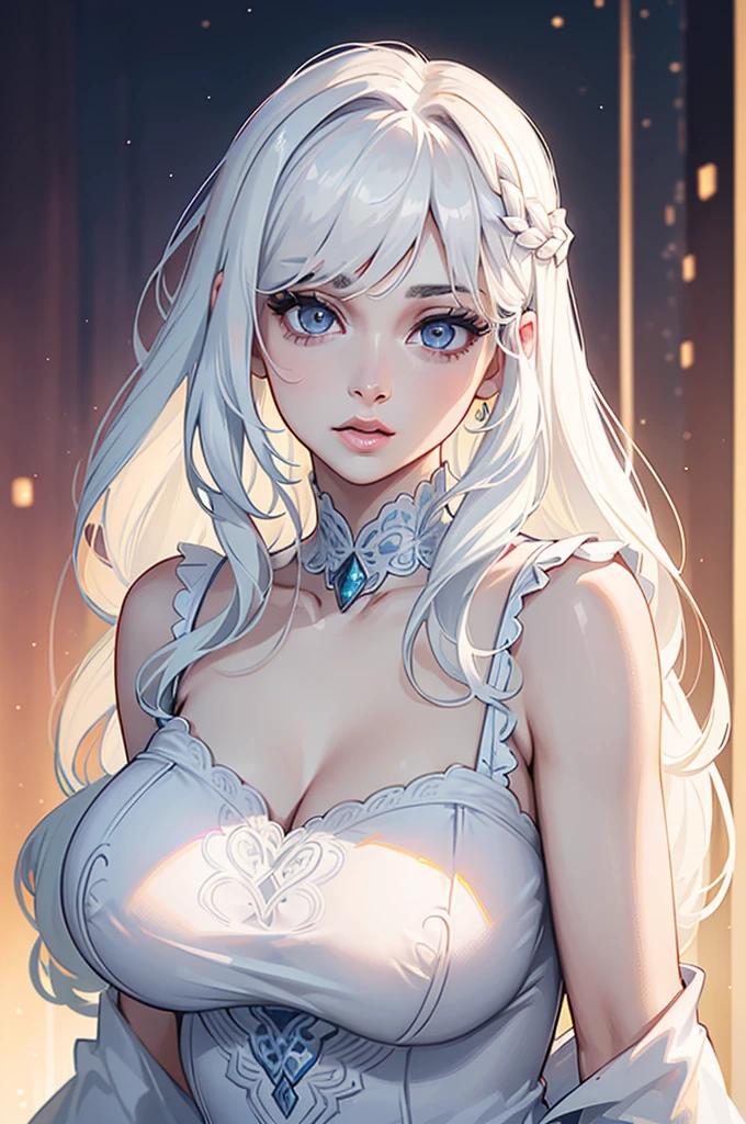 full shot, A beautiful 30 years old woman with gorgeous face, massive breasts, wearing white transparent see-through robe, cleavage, long shiny white hair, black shiny crown, bright lighting, highly detailed, 8k, masterpiece
