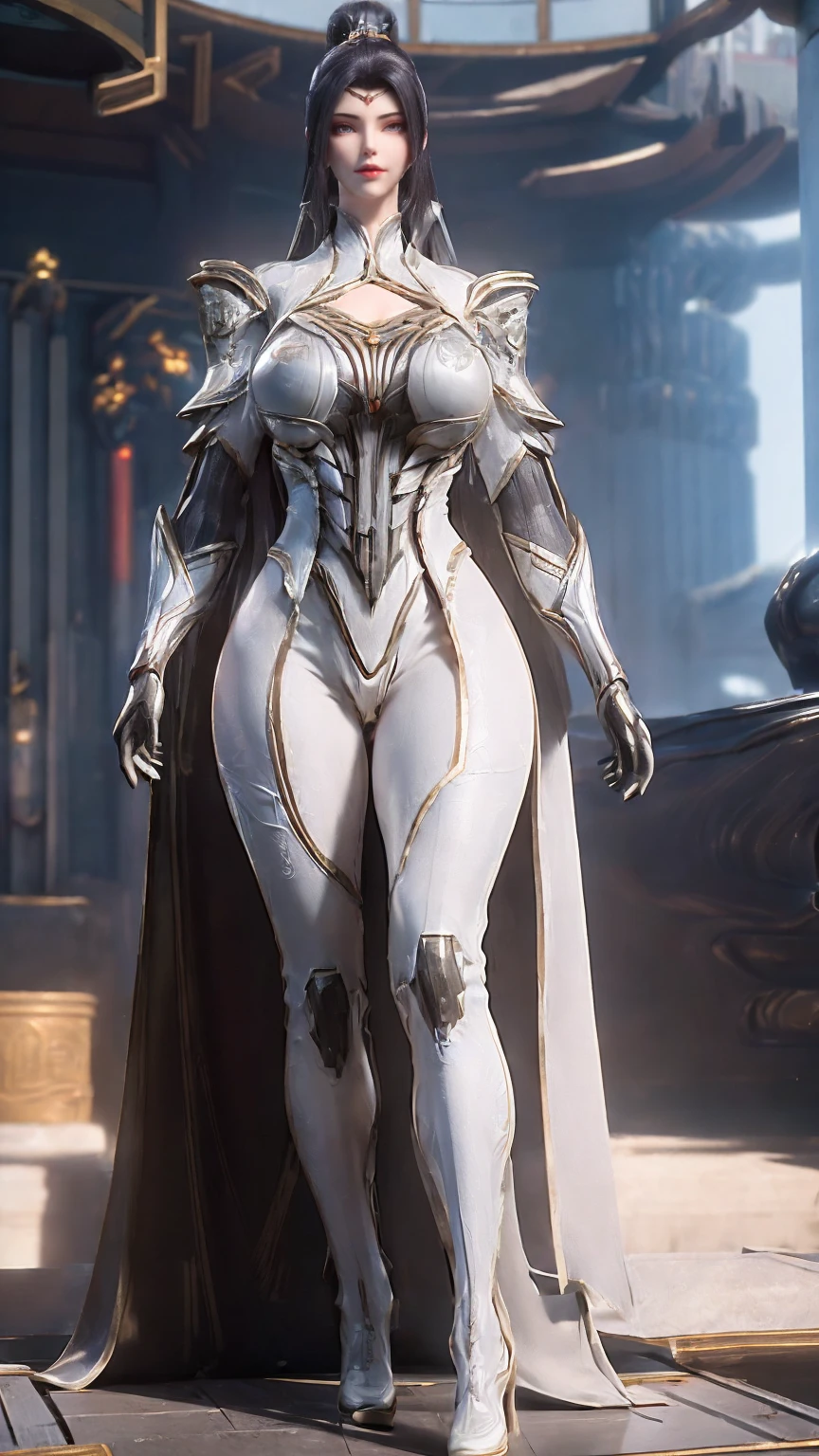 Female General,portrait,Full body photo,Solitary,(Beautiful hair), (Giant fake breasts,Lysis,Muscle Abs:1.5), (Gray and white mecha shining futuristic background ,White Mecha Tight Cheongsam Suit:1.5,High heel),(Slim body:1.5), (Sweaty plump body:1.5), (Looking at the audience:1.3),(The lobby of the future space station:1), (Photorealism:1.4), (Ultra Detailed), (Top quality), (Best shadow), (masterpiece), Bright indoor lighting, Super texture, (4X Multi-Anti-Aliasing), ((Unreal Engine 5 Rendering)), physically-based rendering, Ultra-high definition, 16K, 1080P.