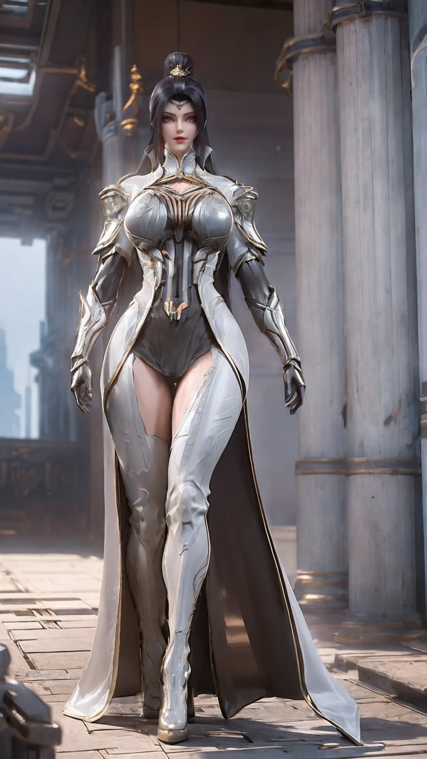 Female General,portrait,Full body photo,Solitary,(Beautiful hair), (Giant fake breasts,Lysis,Muscle Abs:1.5), (Gray and white mecha shining futuristic background ,White Mecha Tight Cheongsam Suit:1.5,High heel),(Slim body:1.5), (Sweaty plump body:1.5), (Looking at the audience:1.3),(The lobby of the future space station:1), (Photorealism:1.4), (Ultra Detailed), (Top quality), (Best shadow), (masterpiece), Bright indoor lighting, Super texture, (4X Multi-Anti-Aliasing), ((Unreal Engine 5 Rendering)), physically-based rendering, Ultra-high definition, 16K, 1080P.