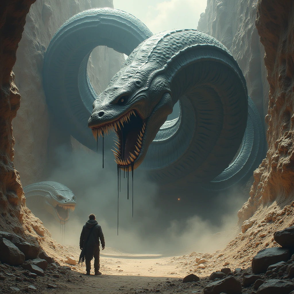 amazing quality, masterpiece, best quality, very detailed, very detailed, uhd, complete anatomy, portrait, degree of freedom, surrealism, majestic, exorbitant, inspirational, boss style, Lindworm fighting Lindworm in the Dusty Desert, atmospheric fog, cinematic composition, soft shadows, national geographic style