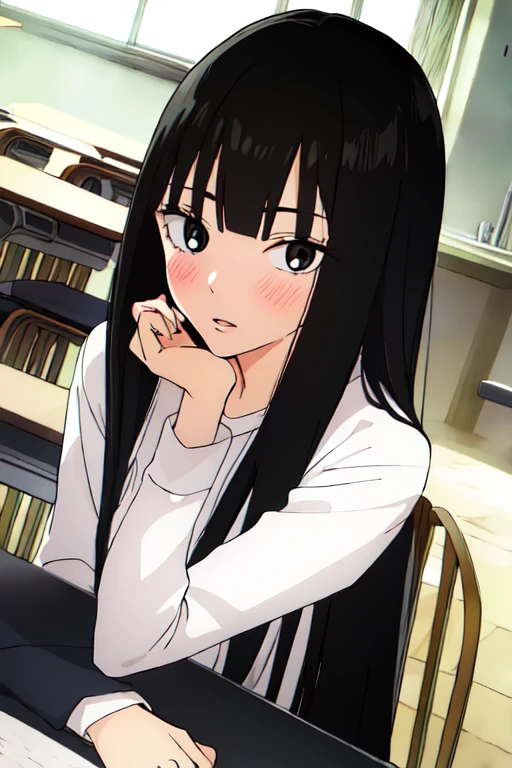 kotoyama, 1girl, solo, long hair, small breasts, looking at viewer, smug, bangs,aran sweater , butterfly sitting, basement