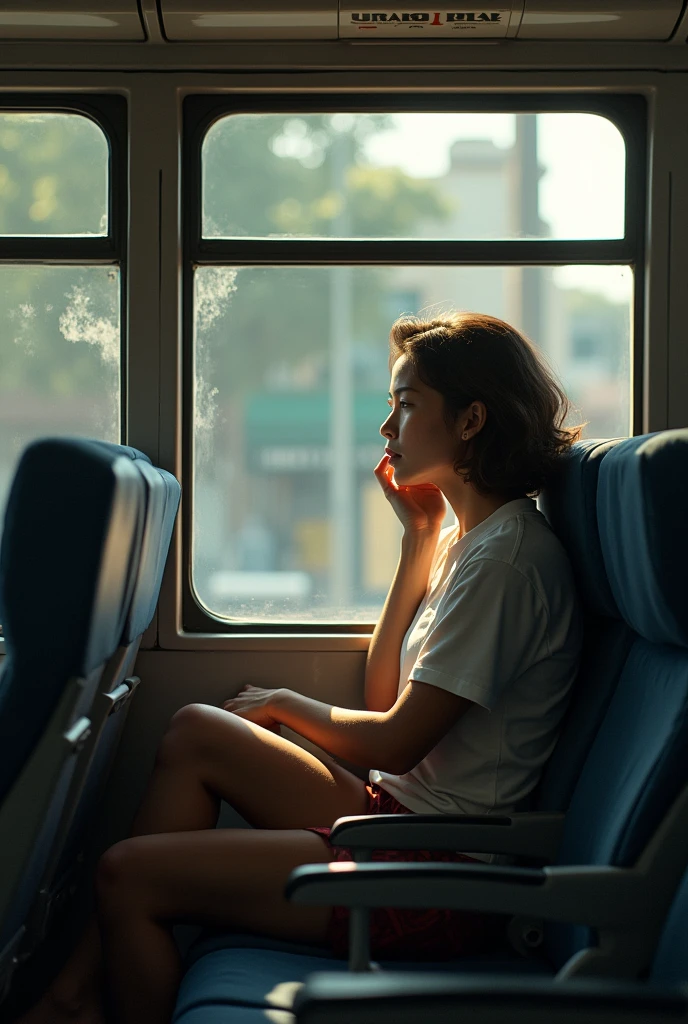 Inside the train in the daytime、Woman sitting across from me sleeping soundly、Skirts in light colors、slightly open legs、Focus on the knee、Panties are slightly visible、full body Esbian、Wide shot from a very low position in front