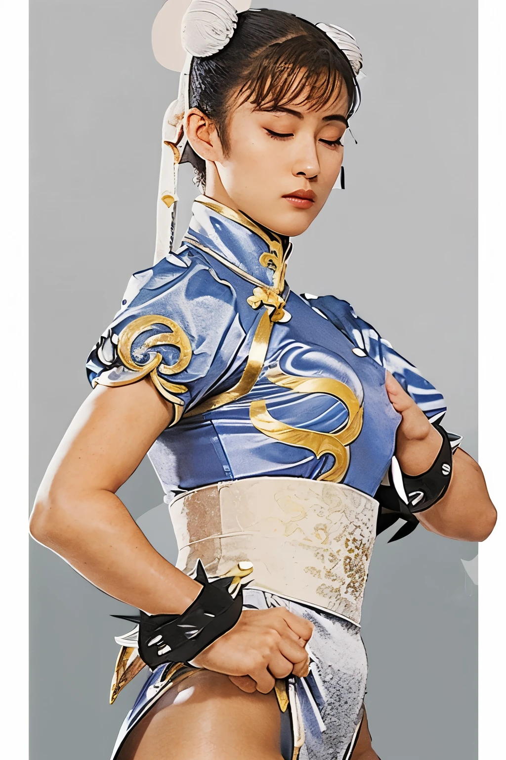 A close up of a woman in a blue and gold costume - SeaArt AI