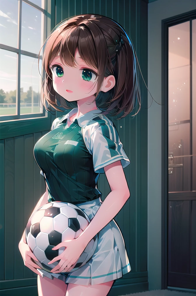 masterpiece, absurdres, best qualitiy, high detail, kabedon, 1girl, mature, blush, medium breasts, long black short hair, adult woman, Athletic field, open mouth, white soccer uniform, being held down by a second girl with long light brown hair, green eyes, white soccer uniform, kabedon