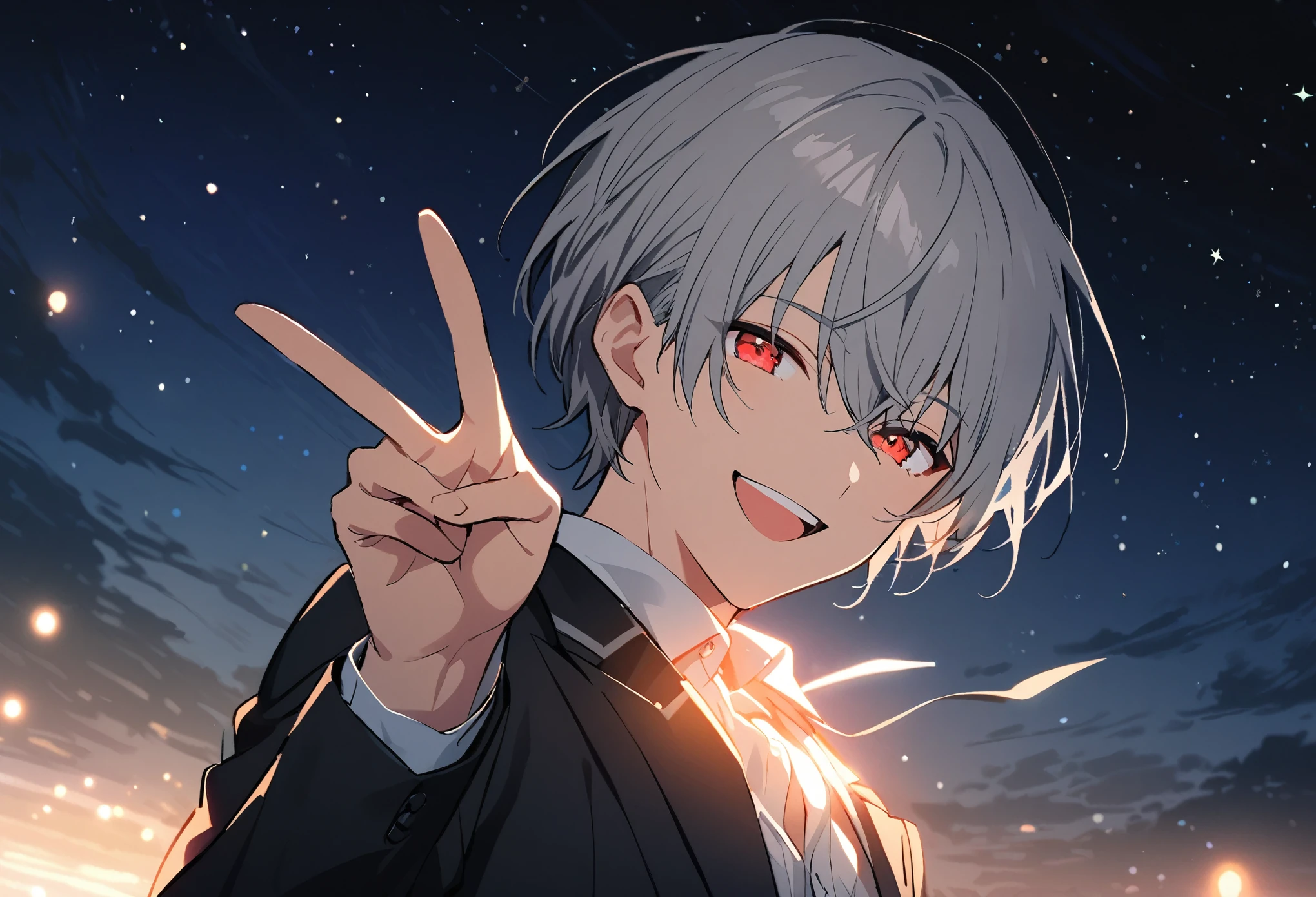 good looking, Alone, 1 male, Gray Hair, Red eyes, suit, 黒のsuit姿, night, White Light,cute目,Short hairstyle,cute,Falling from the sky,綺麗なsummerのnight,Many Stars,summer,A sparkling view,night,Many Stars,Looking at the camera,Making a peace sign,smile,Laughing,