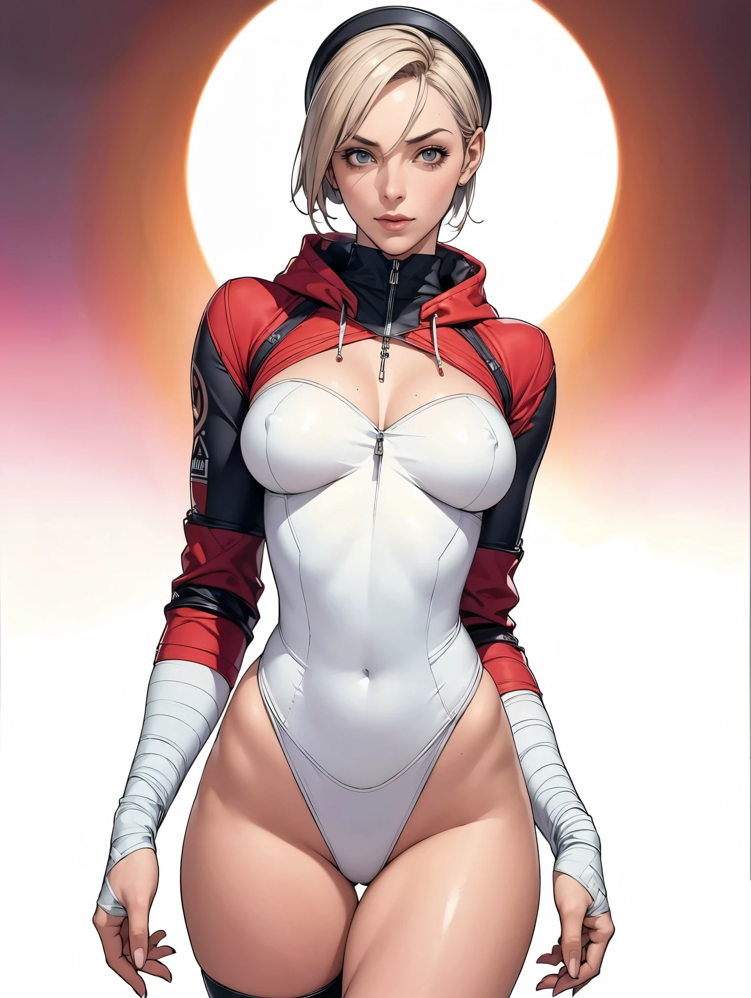 (((Annie Lennox))), (((colorful suit))), (scars), (((bandaged arms))), (((colorful clothes))) (( hood)), (((best quality: 1.4))), (Unbeatable masterpiece), (hyper HD),(CG 8k hyper-realistic), beautiful face, (((breasts big))), (((hyper feminine))), sexly girl, ((round face)), black tattoo,(ultra short red hair with white highlights)), ((( sculptural body ))), (((1 Kizi))), Kizi tatuada de 25 anos com perfect body, perfect hands, perfect fingers ,Beautiful and well-groomed face, (round face), muscular body:1.2,solid color detailed jacket, (Head to thigh photos), Complex equipment, ,Tight clothes,With white stars and off-white stripes,,,,,Armor Metal Electronic Parts, Poison tattoos ) INFO, Kizi, (((standing alone))), , 24歳, sexy, pose de attitude, work of art, dancing, ((slight smile)), post-apocalypse, (((manga style))), bounty hunter, the way you want, perfect body, roupa moderna, advanced technology, white, yellow accent, black, red accent, fur collar jacket, sleeves with vertical striped pattern, background city, (( cowboy shot )). intricate visual, narrow waist, (((wide hips))), wide hips, fit thighs, (((thigh gap))), Thigh gap, background shows a futuristic airplane, open expression, expression happy