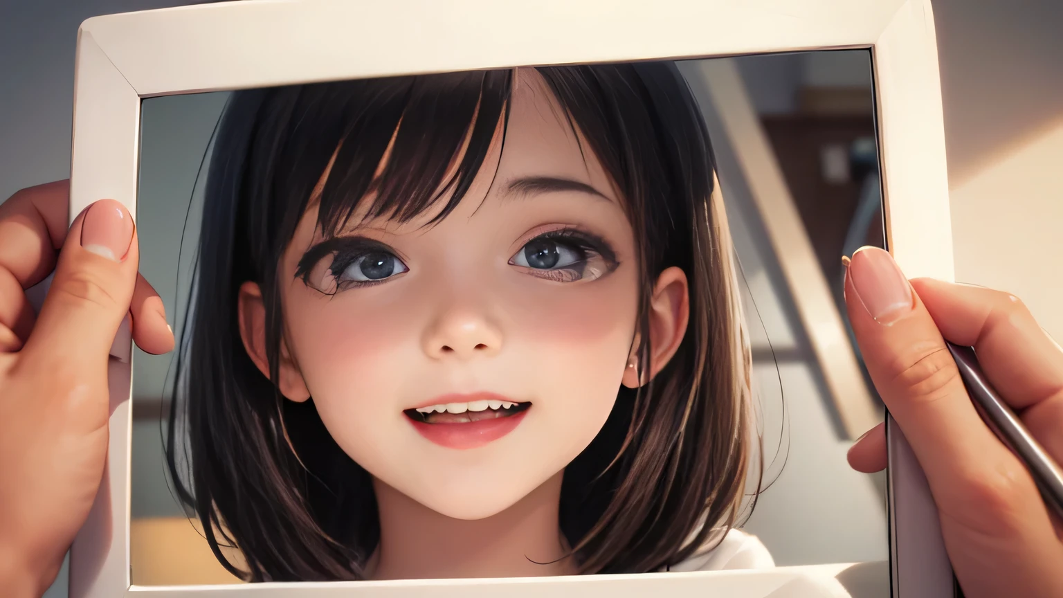 Menina, cabelo curto, olhos escuros,