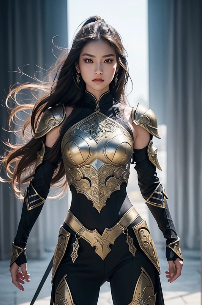 model shoot, (1 woman 30 years old), Islamic warrior, hyper realistic, super detailed, Dynamic shot, masterpiece, scene sharp détails, perfect eyes, perfect skin, perfect hands, fierce leader, battle field