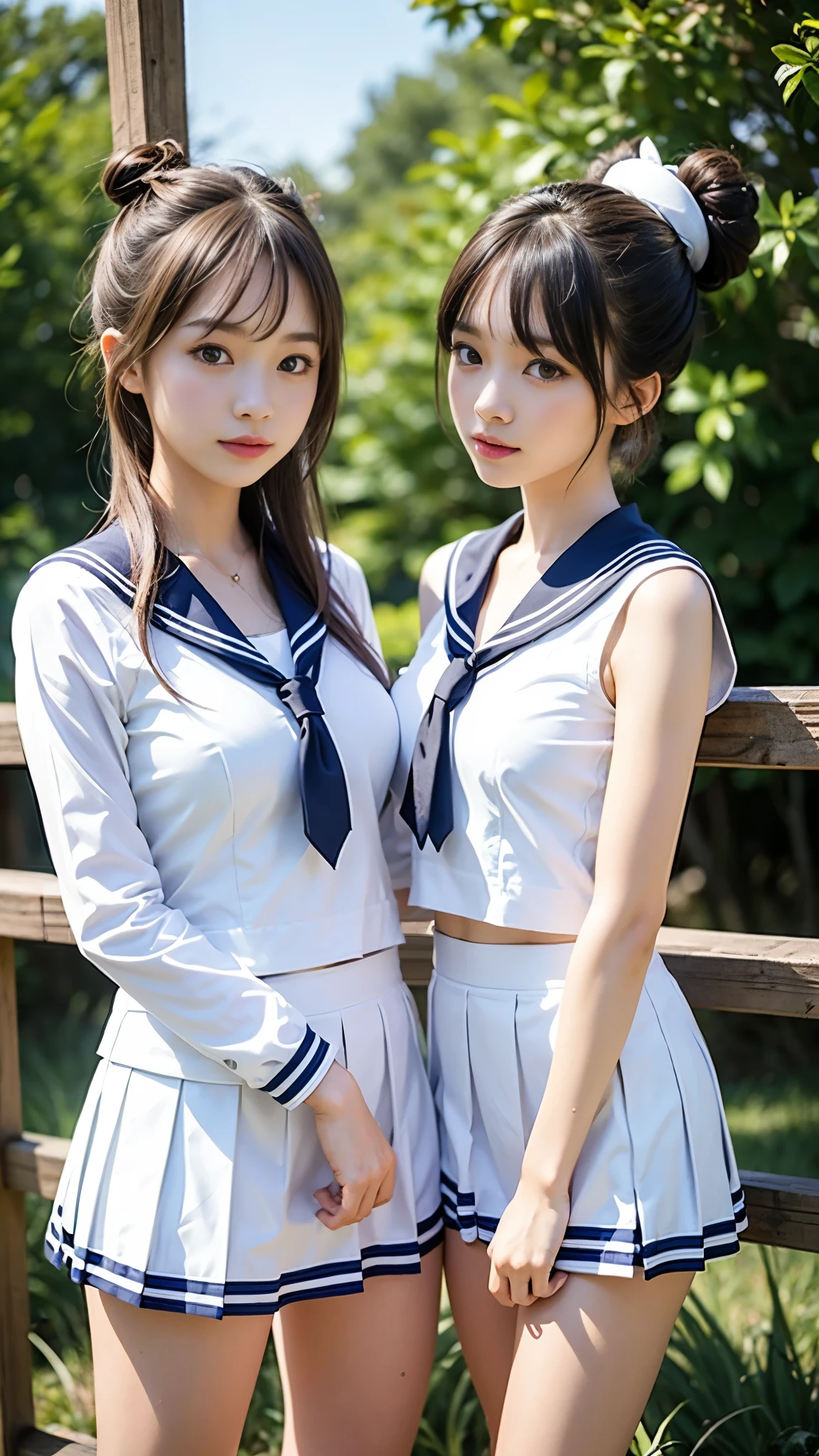 Three Girls,Japanese,line up,Laughter,Idol,(Colorful Lingerie),Big ample breasts、Perfect composition、Highest quality、Ultra-detailed、masterpiece、Realistic、Short Hair,((Sailor suit)),((Short sleeve uniform white shirt)),(tie),(Blue mini pleated skirt),