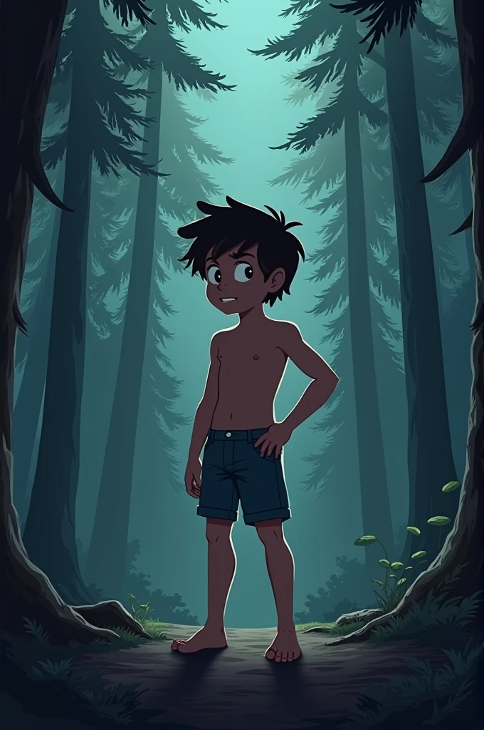 solo, The Q version of the cute human, boy, male, human ears, standing, looking around, curious, mouth open, holding a spear, tribal painting over body, tribal tattoos, jungle, night, moonlight, naked, nude, full body, shortstack, small balls, small penis, flaccid,