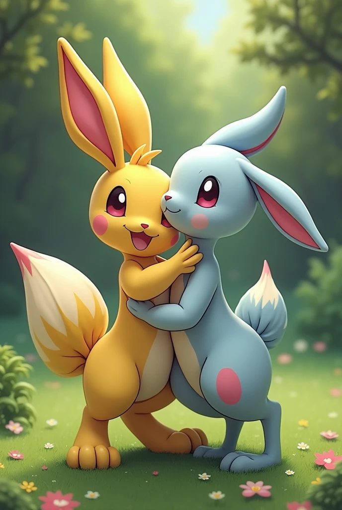 duo, feral, outdoors, detailed background, grass field, (eevee \(pokemon\), on top, balls, canine penis, cumming), (sylveon \(pokemon\), on bottom, balls, canine penis, anal, cumming), doggystyle, view from behind, rear view, by plattyneko, extremely detailed, detailed shading, volumetric lighting, natural light