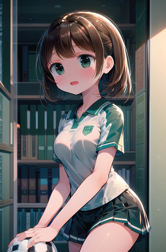 masterpiece, absurdres, best qualitiy, high detail, kabedon, 1girl, mature, blush, medium breasts, (black short hair), brown eyes, adult woman, Athletic field, open mouth, white soccer uniform, being held down by a second girl with long light brown hair, green eyes, white soccer uniform, mature, adult woman, kabedon