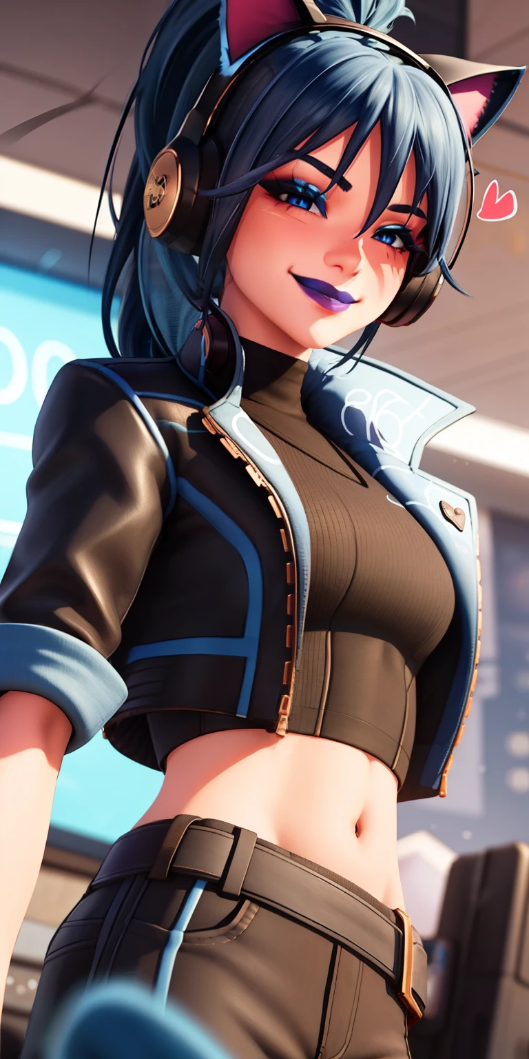 1girl,blue hair, ponytail, blue eyes, eyeshadow, (blush:1.1),upper body,trembling, heart,(speed lines:1.1), heart, black jacket, jacket crop top, navel cat ears headphones, black crop top, purple lips, smile, looking at viewer, facing viewer, winked at the viewer