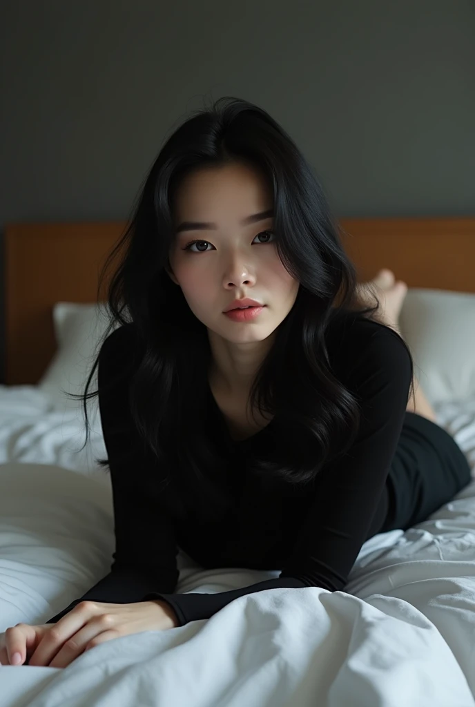 beautiful Japanese woman, black hair, full body selfie, OnlyFans model, filming in comfortable clothes, a short. Black T-shirt fitted on a chair, beautiful backlight, legs open, masterpiece, best quality, ultra detailed, mirror. Comfortable and excited. Analog style (eagerly looking at the viewer: 1.2), warm tone, close-up of cinema light, side lighting. Ultra high light. sexy, shaved legs, a hand in her mouth, legs spread. ((Best Quality, 8k, Masterpiece: 1.3)), Focus: 1.2, Perfect Body Beauty: 1.4, Buttocks: 1.2, ((Hair at the waist, layered, old: 1.2))
