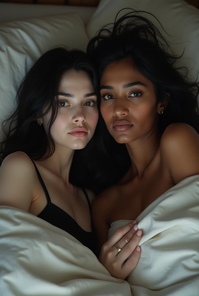 Ultrarealistic, pale skin, black hair, cleavage, wearing a black bra, her friend next to her wearing a blue tshirt, in bed, laying in bed, (selfy with front camera), upper body, head on pillow 