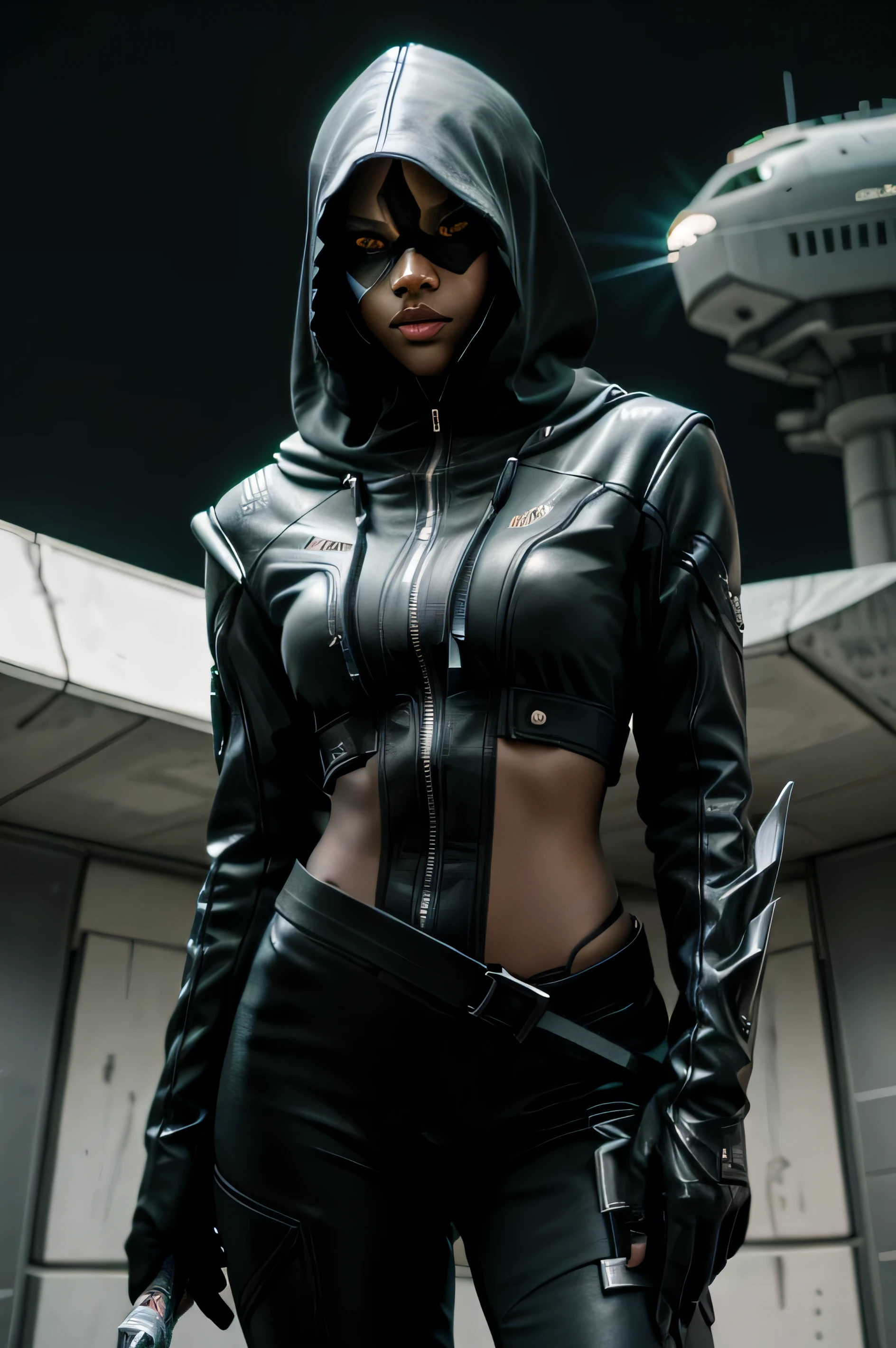 sci fi rogue, black female cat furry, holding a futuristic dagger, with a hood, enemy monsters in the background, realism, sci fi, cool cyber mask, hyper realistic
