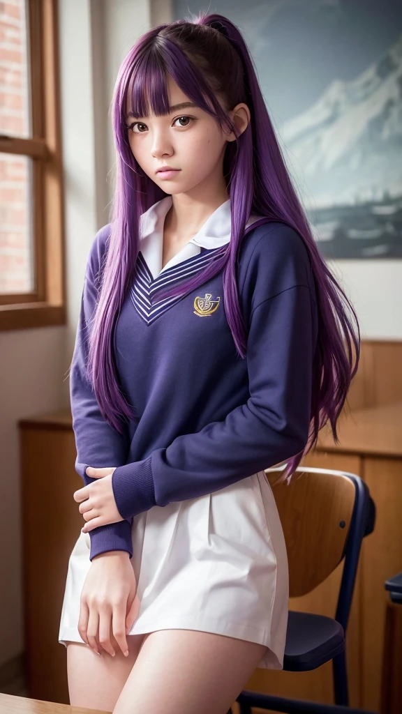 An eighteen-year-old young woman with long purple hair in a sailor suit sits in a classroom (school 1.5 in the background) (expression serious, cold 1.5) (best quality: 1.1) (masterpiece: 1.3) with an unparalleled masterpiece, surreal 8K, perfect artwork, super detail, best quality, masterpiece 4K wallpaper aesthetics, masterpiece, award-winning artwork, official art, cinematic lighting