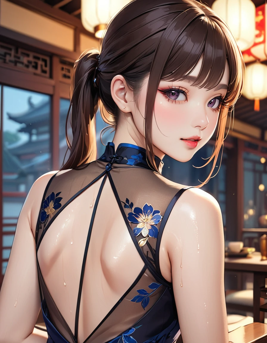 (masterpiece,highest quality,超A high resolution),Japanese women, (((Very beautiful 25 year old girl))), pretty girl、Look at the photographer、 ((Beautiful low ponytail)), Very cute face, Glossy Lips, Double eyelids on both eyes,Natural smile、 Natural Makeup, Long eyelashes, Shiny and smooth hair、Center image, Perfect limbs, Perfect Anatomy,(((China dress)))、((See-through)),Wet with sweat,one person