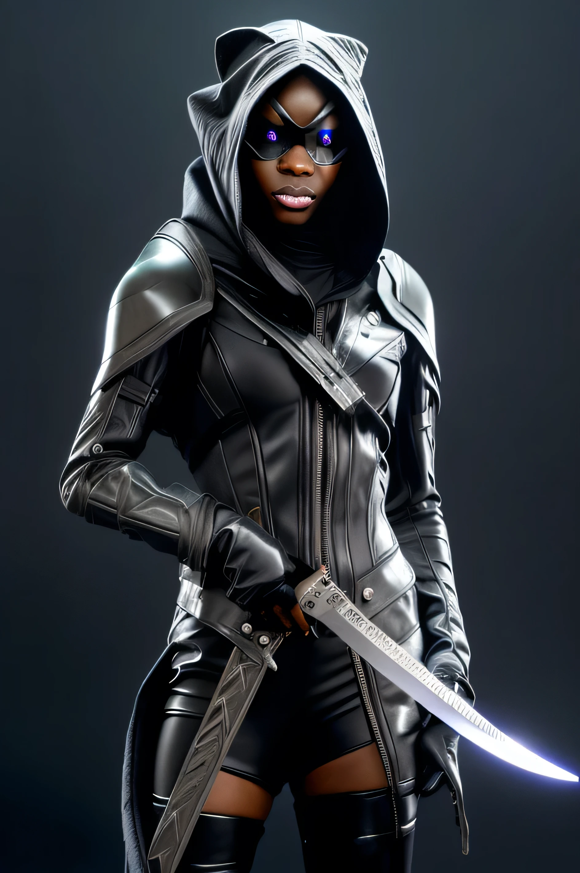 sci fi rogue, black female cat hybrid furry, holding a futuristic dagger, with a hood, enemy monsters in the background, realism, sci fi, cool cyber mask, hyper realistic
