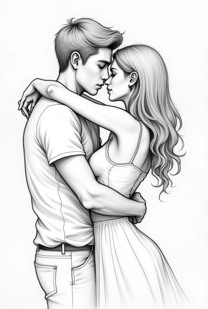 bikini Girl and boy hughing romantically. Use pencil art.