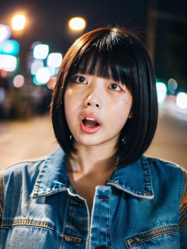 (Standing on the Street), (Night Background), Short denim skirt, Complex background, Multicolored Hair, (Inner colored hair), Short fine hair， Heart-shaped pupils, Close one eye, Sparkling Eyes, Tongue Stock, saliva, (Sticking out tongue), Bright red face, Side lighting, Complex background, Looking into the camera, Side lighting, compensate, compensate, Open-mouthed crazy, shy, Red cheeks, Torn, Unconscious, Daoyagao, Shortness of breath, Drooling, Mischievous face, saliva trail, evil, Verbal invitation, Cinematic Lighting, Hyper HD, masterpiece, Accurate, Anatomically correct, Textured skin, Super detailed, 8k, (Large Breasts:1.3), Detailed brainstorming, (saliva:1.1), (drooling saliva:1.1), Very small waist, (Arms back:1.1)