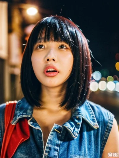 (Standing on the Street), (Night Background), Short denim skirt, Complex background, Multicolored Hair, (Inner colored hair), Short fine hair， Heart-shaped pupils, Close one eye, Sparkling Eyes, Tongue Stock, saliva, (Sticking out tongue), Bright red face, Side lighting, Complex background, Looking into the camera, Side lighting, compensate, compensate, Open-mouthed crazy, shy, Red cheeks, Torn, Unconscious, Daoyagao, Shortness of breath, Drooling, Mischievous face, saliva trail, evil, Verbal invitation, Cinematic Lighting, Hyper HD, masterpiece, Accurate, Anatomically correct, Textured skin, Super detailed, 8k, (Large Breasts:1.3), Detailed brainstorming, (saliva:1.1), (drooling saliva:1.1), Very small waist, (Arms back:1.1)