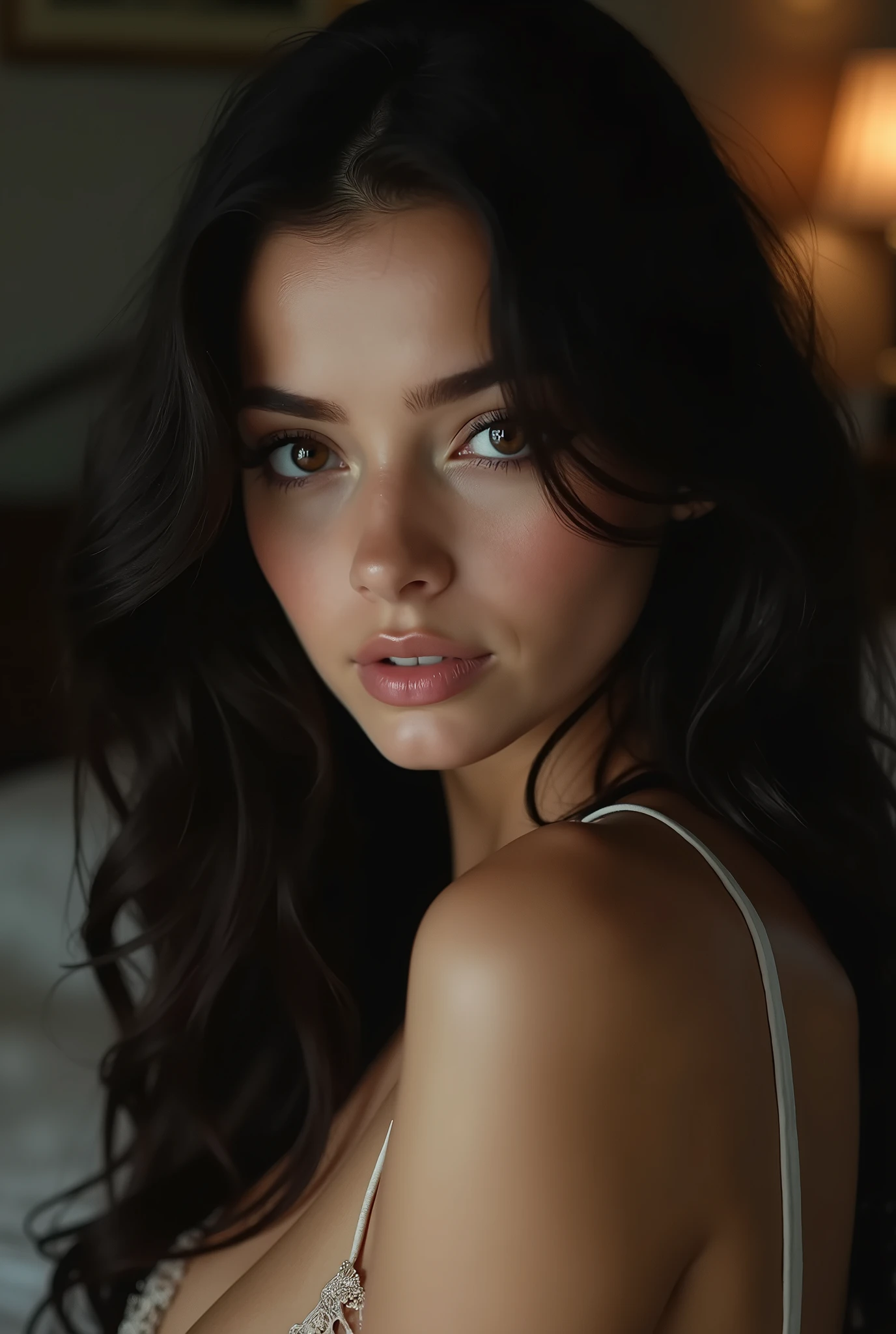 Chest-length portrait of a beautiful Colombian girl, brunette, long wavy hair, glamor makeup, large breasts, green strapless top, eye contact, looking at viewer, masterpiece, best quality, perfect detail, perfect face detail, perfect eye detail, perfect skin detail  , depth of field, ideal lighting