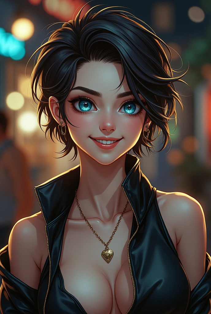 Short hair, smile, black and gray slip dress --auto --s2