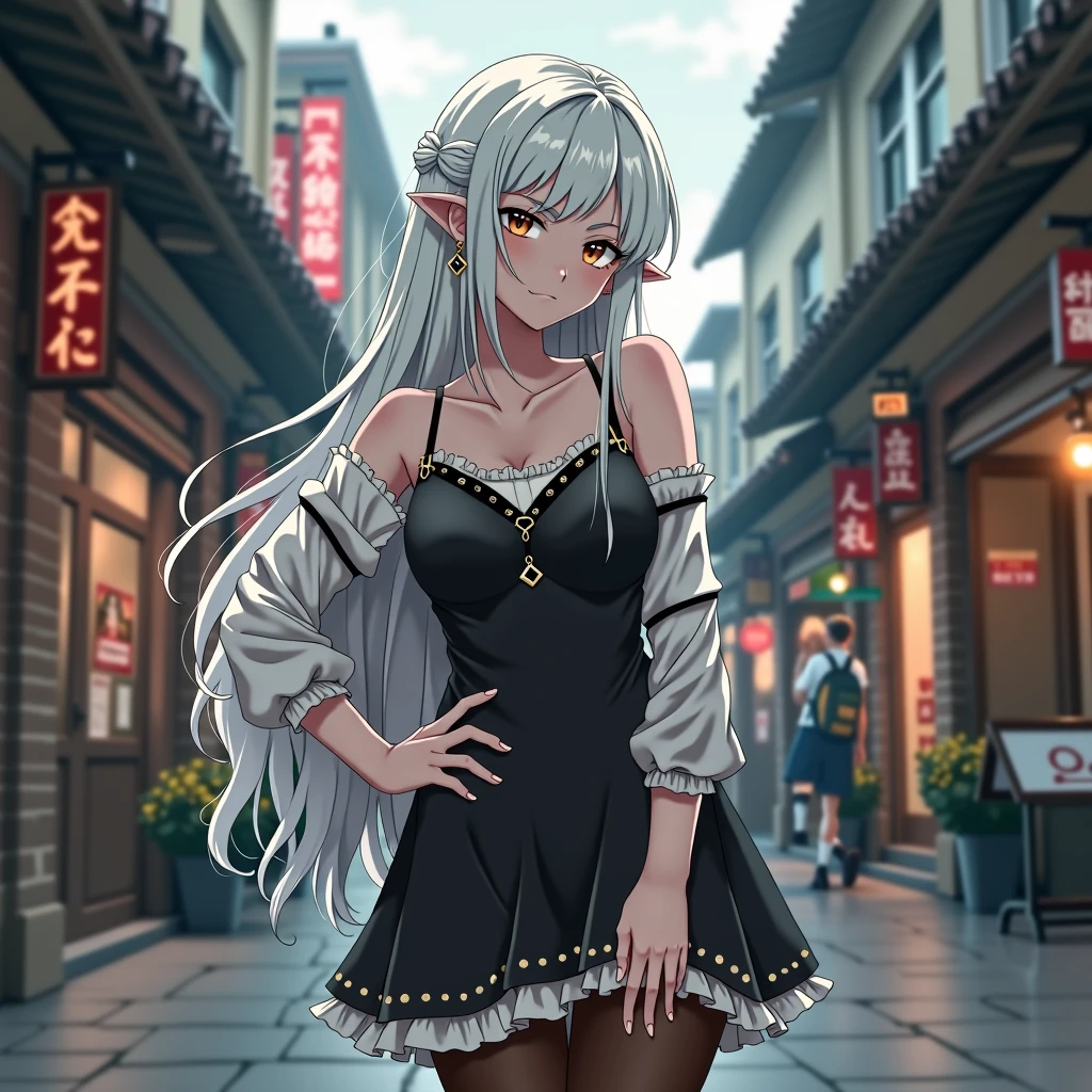 1girl, dark elf, pointy ears, expressive eyes, smile, (dark-skinned female, dark skin:1.2), (long hair), white hair, cocktail dress, strapless dress, small breasts, areola slip, large areolae, curvy <lora:ratatatat74_lora:1>
BREAK
city street at night, midnight, neon signs,