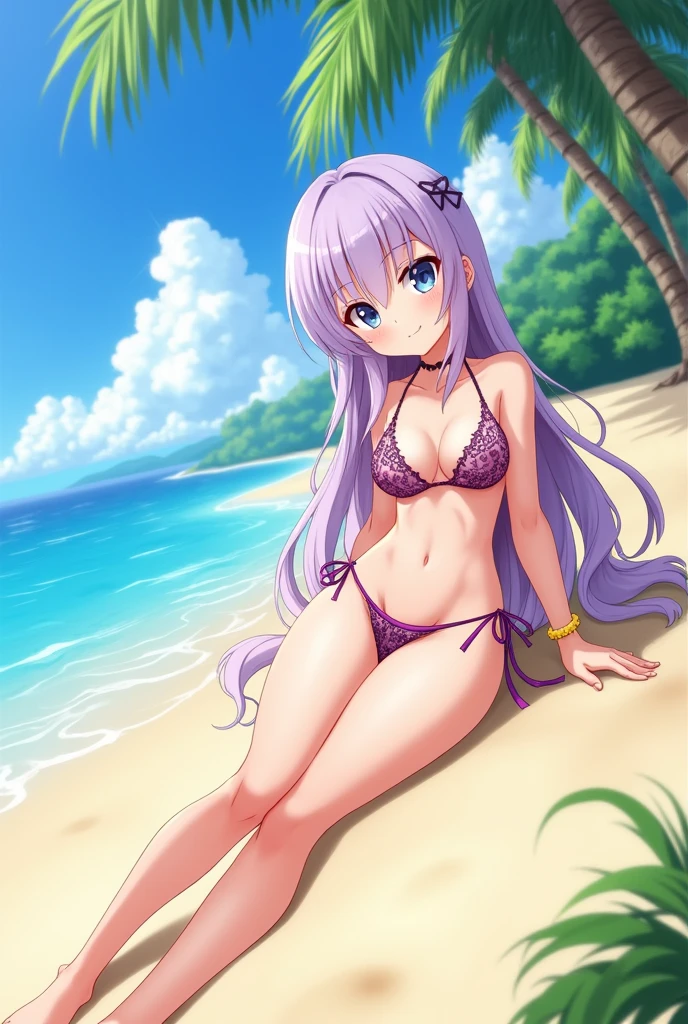An anime women changing into bikinis embarrassed