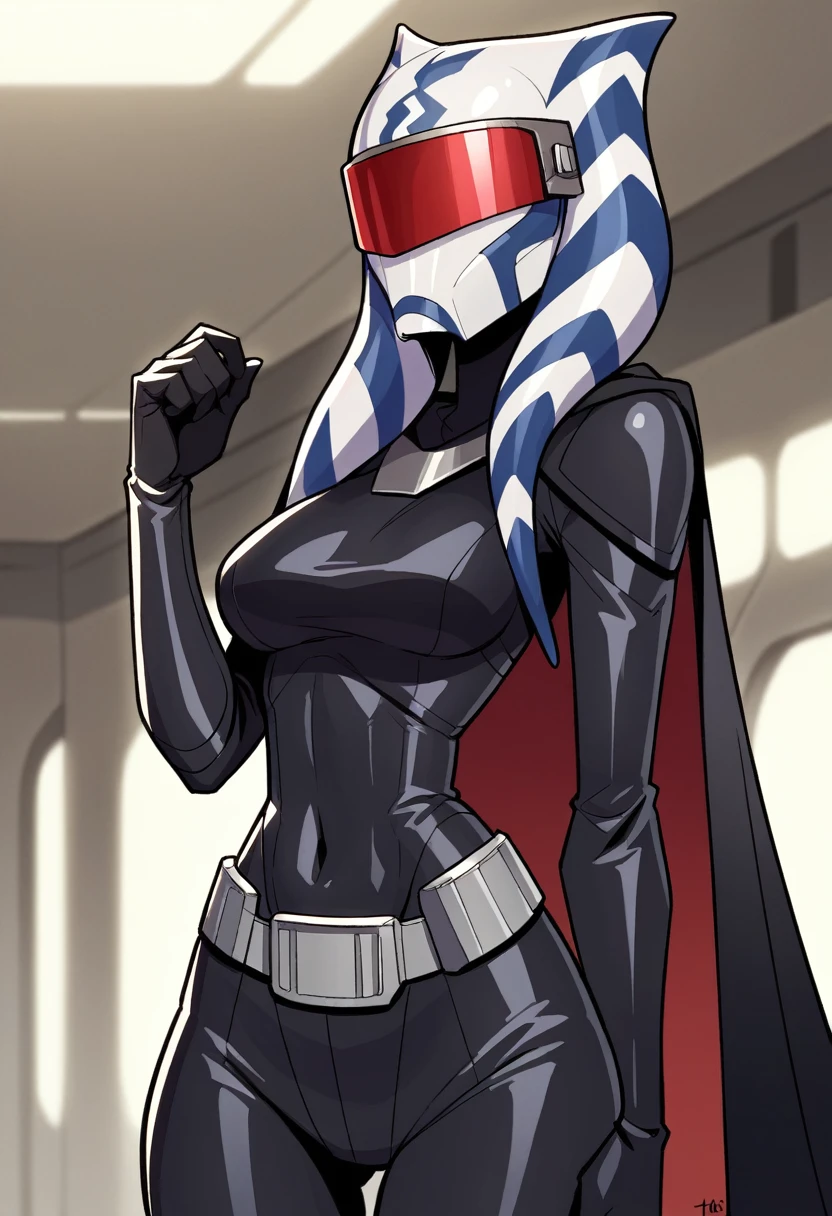 score_9, score_8_up, score_7_up, score_6_up, 2d, rating_questionable, rating_safe,
BREAK
Trilla, helmet with red visor, star wars,
armor,black gloves,tight bodysuit,black cape,black pants,
close up, solo, standing, front view, medium breasts, wide hips, 
indoors, sith base, science fiction, 