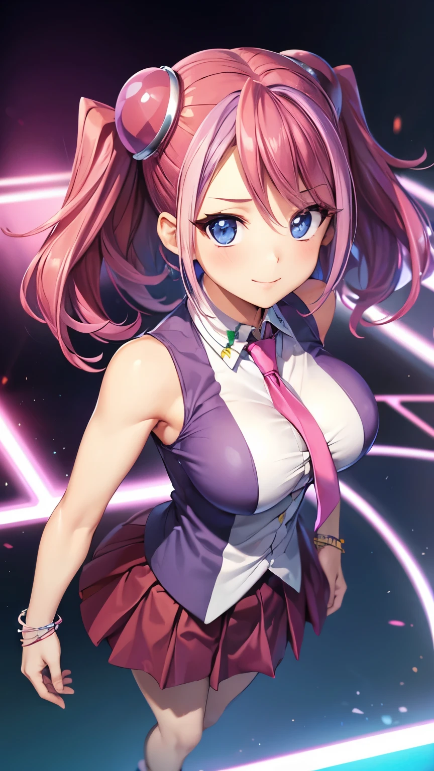 masterpiece, best quality, highres, hy1, hair ornament, multicolored hair, necktie,pink skirt,tight skirt, miniskirt ,sleeveless, , jewelry, ,smile,big tits  ,looking at viewer,top view,(standing), bracelet, Cyber city,pink neon lights,((perfect face)),perfect body, perfect , high definition,blush,((upper body))