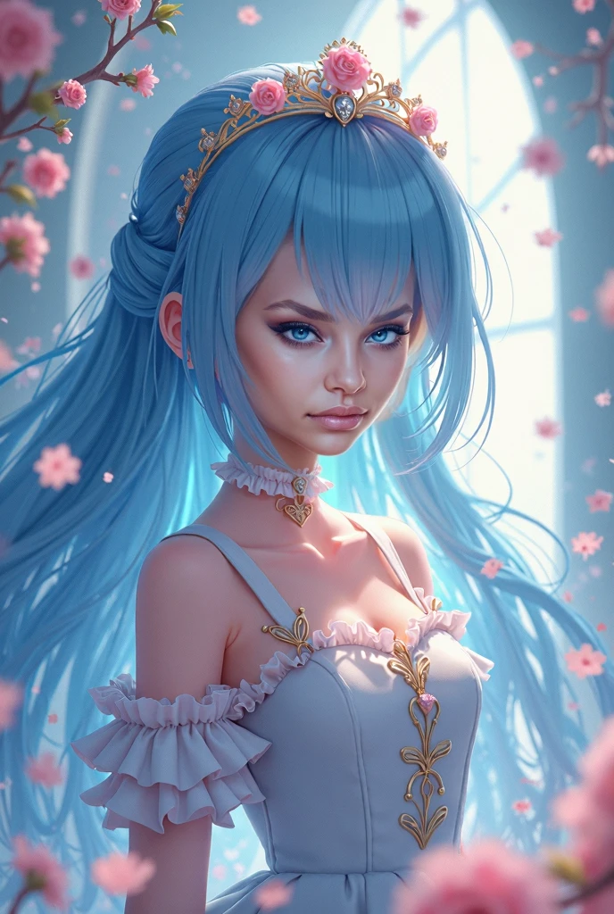 1female，Blue hair, hair over shoulders, Hair moist widow peak, wedding gown, covering eyes, white hair ribbon, head wreath, Moles under eyes, Gradient eyes, aqua eyes, wide-eyed, long eyelasher, Earrings, Pout, Sony FE GM, surrealism, first person perspective, A high resolution，Wedding scenes，Blue sky scene，Prairie scene