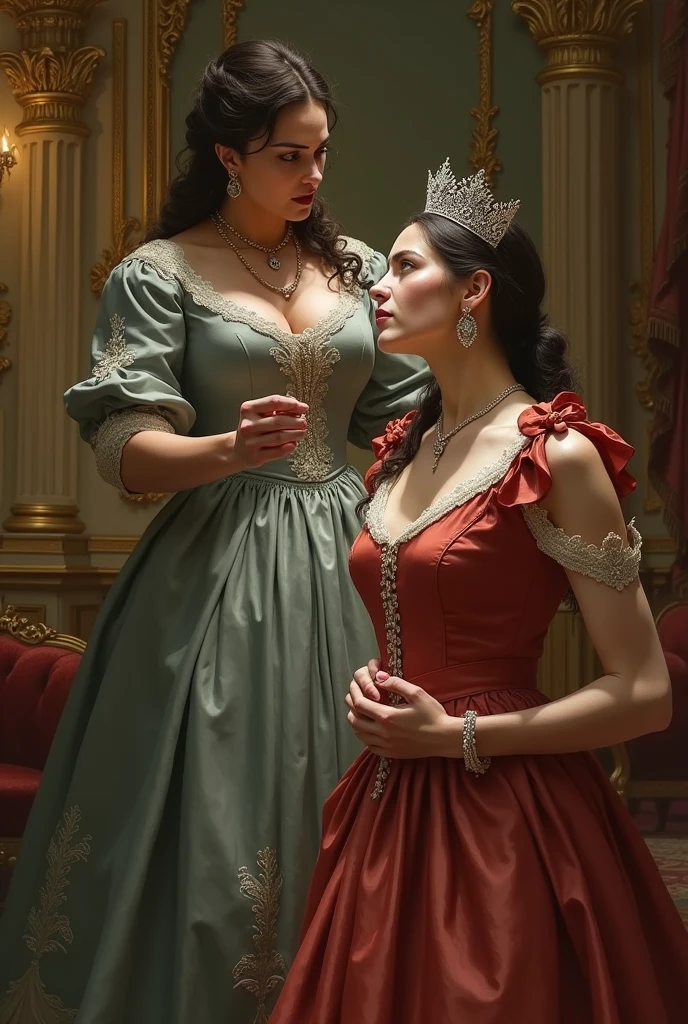 A steampunk aristocrat attends a ball, wearing a Leonardo AI-fabricated dress and jewelry, which change color and shape according to her mood and preferences. large breast