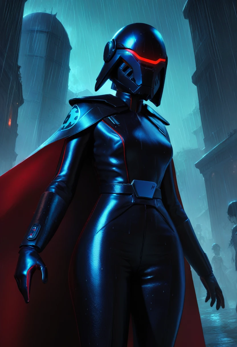 score_9, score_8_up, score_7_up, 3d,
BREAK
Trilla, helmet with red visor, cape, armor,black gloves,tight bodysuit,black cape,black pants,
solo, standing, front view, medium breasts, wide hips,
junkyard background, rain, night, night sky