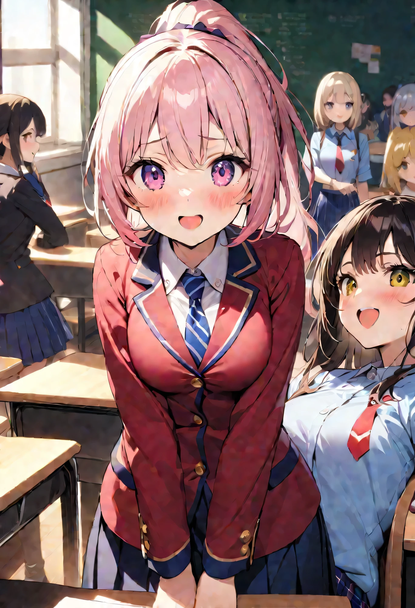 nsfw,cherry blossom cream, 、8-year-old with short haiibbonreen Eyes, hair ribbon, Pink Hair, Ahoge,
, shirt, white shirt, collared shirt, Jacket, Long sleeve, Captivating smile,masterpiece,Noise Reduction,Perfect Anatomy,High resolution, Very detailed,Game CG,Beautiful attention to detail,Visual Arts,                                 
                                 (1girl)、 Cowboy Shot、(Pussy、pussy)、(from below),（arms behind back）、(Put your arms behind your head)、Sit on a chair、Spread your legs、(Pussyメコスジ:1.0)