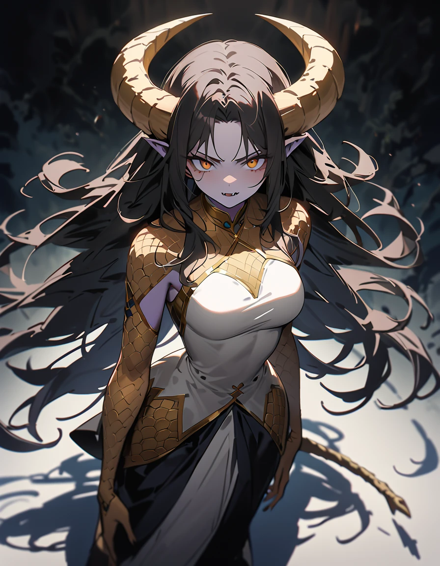 angry (((muscular girl toned body massive breasts horns))) long silky black hair yellow eyes dark atmosphere pale skin gold gold gold gold gold gold