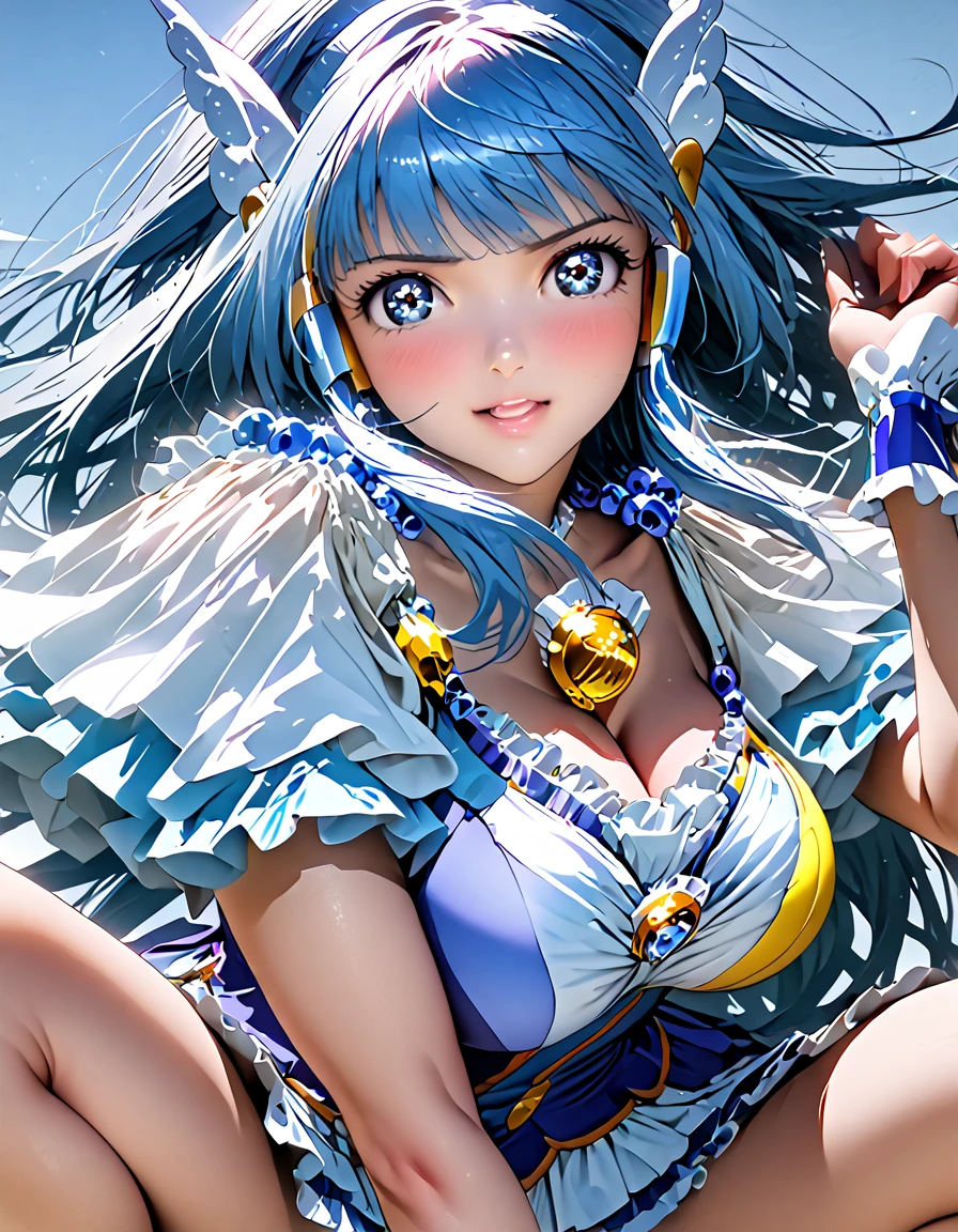 sexy，Bikini，sea beach，legs are open，high qulity，shuicolor， goddes， high high quality， 1 rapariga， eBlue eyes， Blue footwear， blue hairs， blue thighhighs， Blushlush， Boots， boobgasm， foamy， Separate the sleeves， hair adornments， hair loops， long whitr hair， middlebreast， single hair ring， a skirt， 独奏，