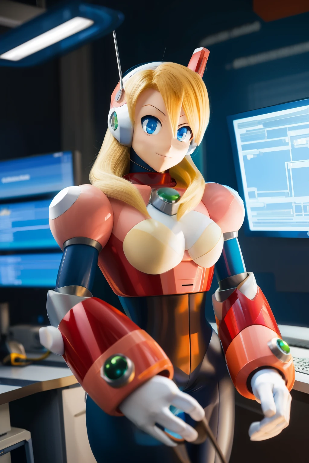 aliased_mega manx, 1 girl, Alone, breasts, blue eyes, blonde hair, android, long hair, robot ears, laboratory, work of art, high quality, 