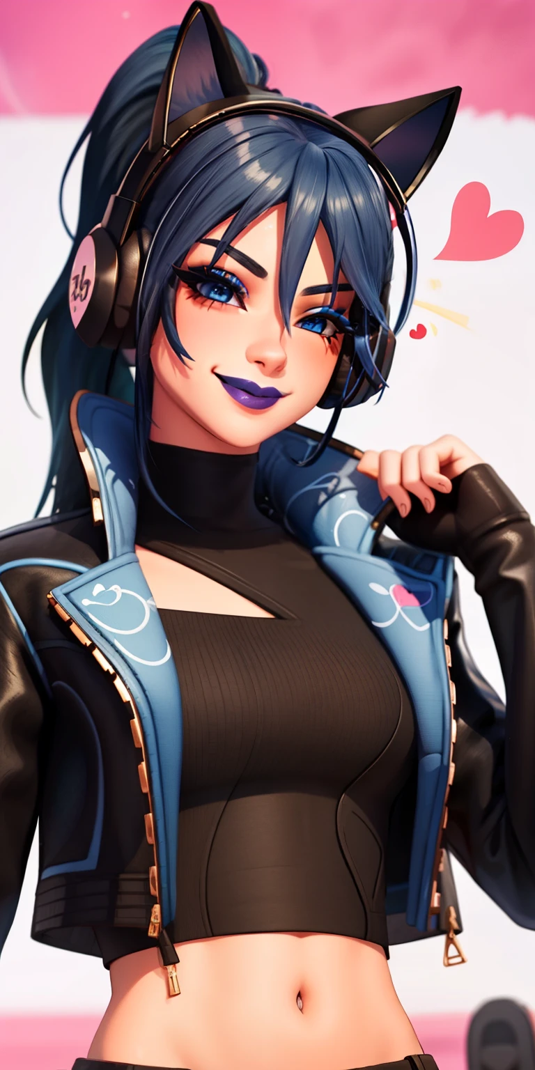 1girl,blue hair, ponytail, blue eyes, eyeshadow, (blush:1.1),upper body,trembling, heart,(speed lines:1.1), heart, black jacket, jacket crop top, navel cat ears headphones, black crop top, purple lips, smile, looking at viewer, facing viewer, winked at the viewer