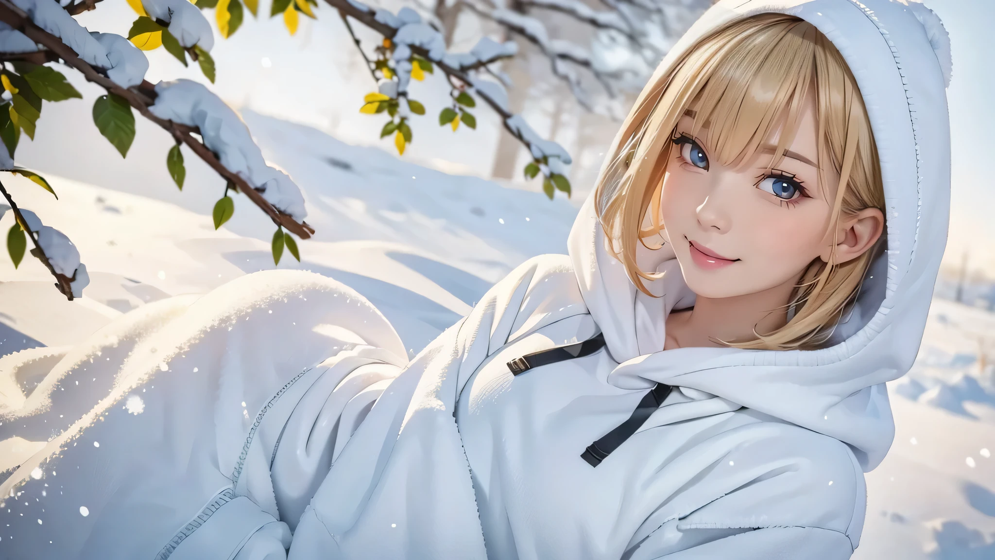 Outdoor:1.5、winter、snow、White world、frozen world、White world、One Girl、Only 24、Perfect Anatomy、Correct human body、Ash Blonde、Layered Haircut、Short Wavy Hair、A woman with a pretty face、Attractive eyes、Perfect beauty、Natural color poncho-style hoodie、Wearing a hood、silence、Outdoor、White wall、rhyme、White world、Blurred Background、Natural soft light、to be born、Photorealistic、最high quality、high quality、high resolution、