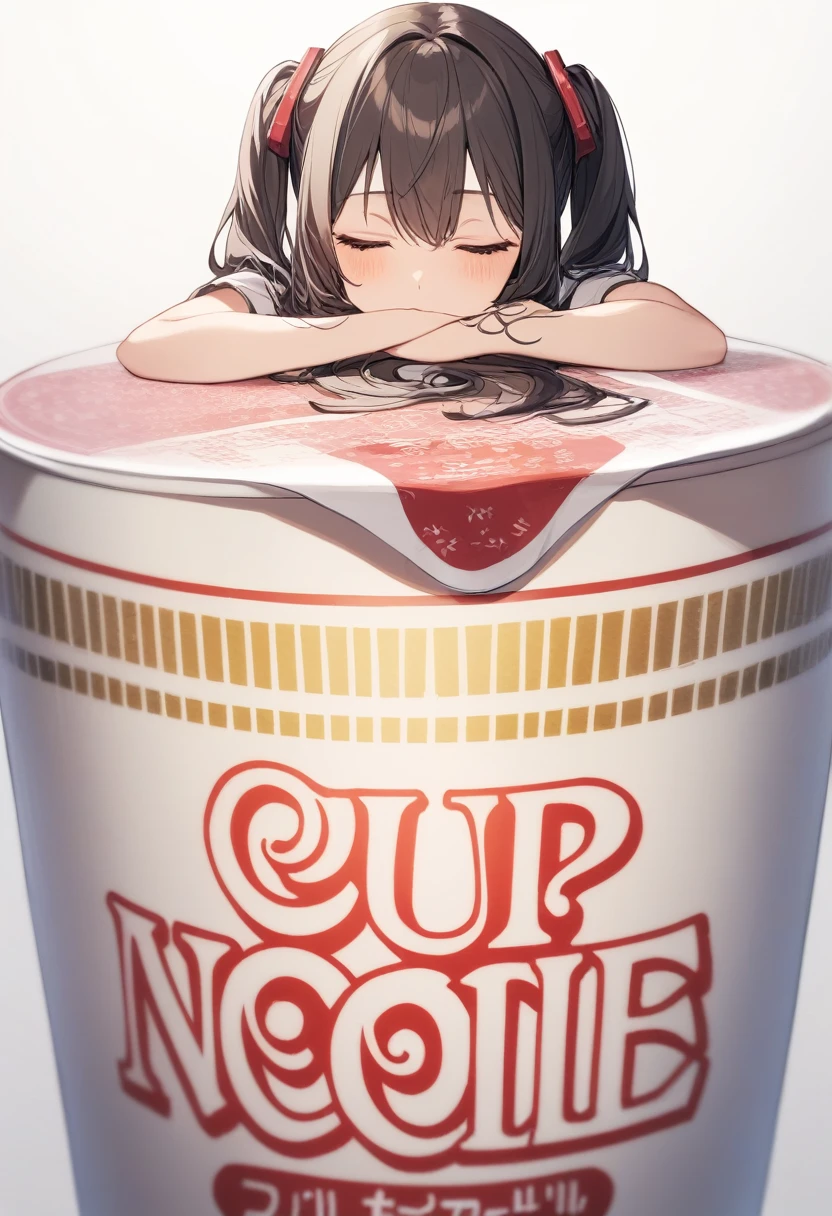 One girl, Medium sized breasts,
Noodle stopper,Nissin Cup Noodles,Cup Ramen, Mini Girl, whole body,Simple Background, White background,
From behind, Portraiture, look up, boredom,Mouth closed,
Best Quality,medium quality,Dynamic Angle,Drowning in noodles,